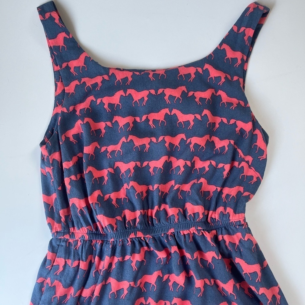 Anorak Horse Print Jersey Midi Dress Blue Pink Size 6 Pockets Elastic Waist - Picture 5 of 11